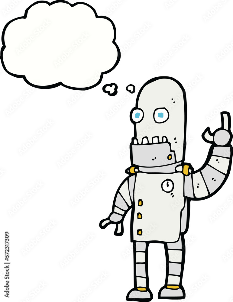 cartoon waving robot with thought bubble cartoon waving robot with thought bubble