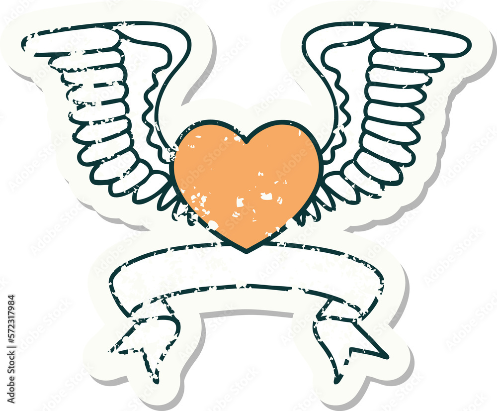 grunge sticker with banner of a heart with wings grunge sticker with banner of a heart with wings