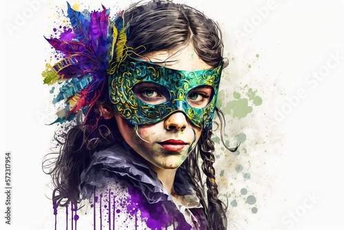 Teenager Dressing Up for Mardi Gras stock illustration Child, Carnival - Celebration Event, Traveling Carnival, Party - Social Event, Mask - Disguise