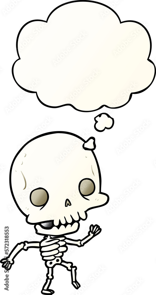cartoon skeleton and thought bubble in smooth gradient style