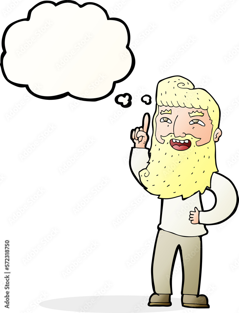 Obraz premium cartoon happy bearded man with idea with thought bubble
