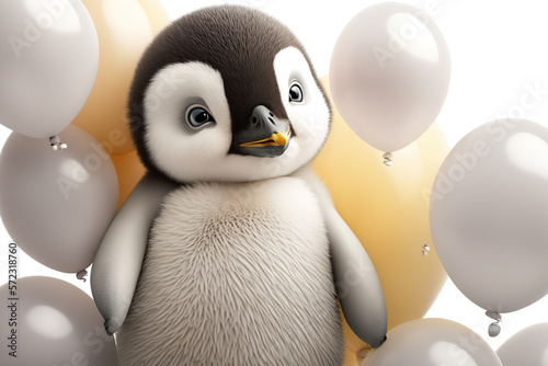 White cute little penguin with golden festive balloons. Photorealistic shot generated by AI.