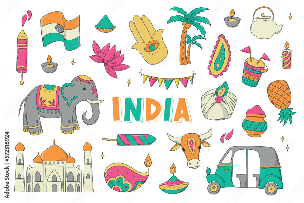 Indian culture clip art, doodles, cartoon stickers, icons. Holi festival, diwali theme doodles. Good for prints, cards, planners, sublimation, etc. EPS 10