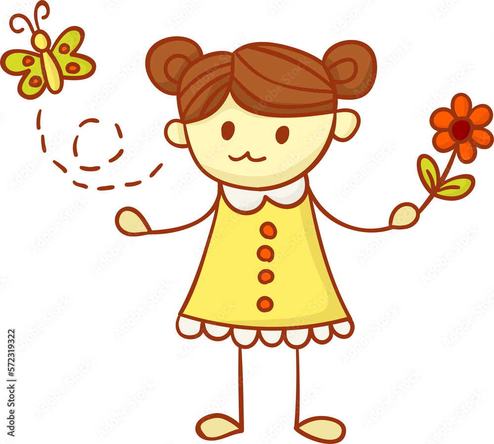 Girl with flower cartoon hand draw filled outline style Girl with flower cartoon hand draw filled outline style