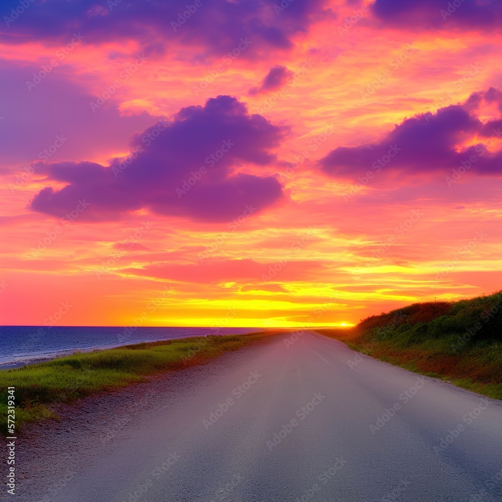 Summer landscape on the island. Highway landscape at colorful sunset. Road view on the beach in summer - generative ai