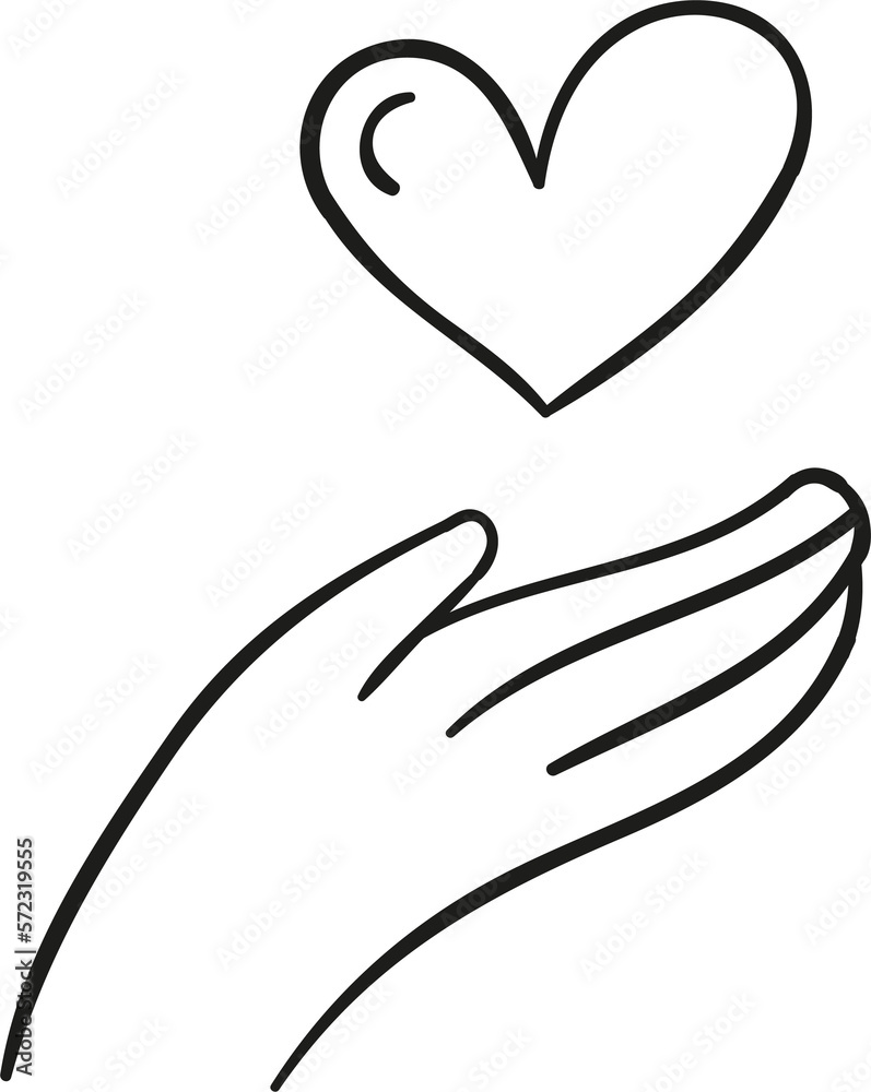 Hand with heart hand draw outline style Hand with heart hand draw outline style