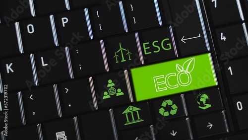 Eco. ESG, Environment Social Governance button on keyboard laptop (notebook) and Sustainable and ethical. Business organizational development. Technology of renewable resource to reduce pollution.