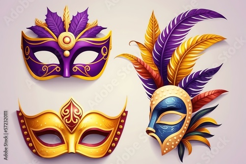 Set of purple and yellow carnival mask mardi gras stock illustration Mardi Gras  Protective Face Mask  Cartoon  Bead  Bright