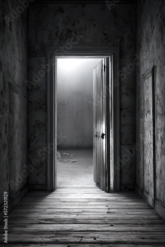 An open wooden door at the end of the hallway in old abandoned house. Dark dramatic scene, film noir horror concept. Vertical shot, black and white image.