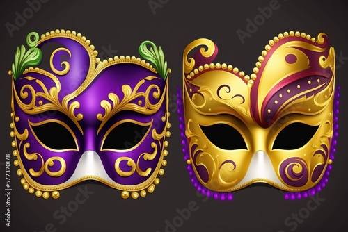 Set of purple and yellow carnival mask mardi gras stock illustration Mardi Gras, Protective Face Mask, Cartoon, Bead, Bright
