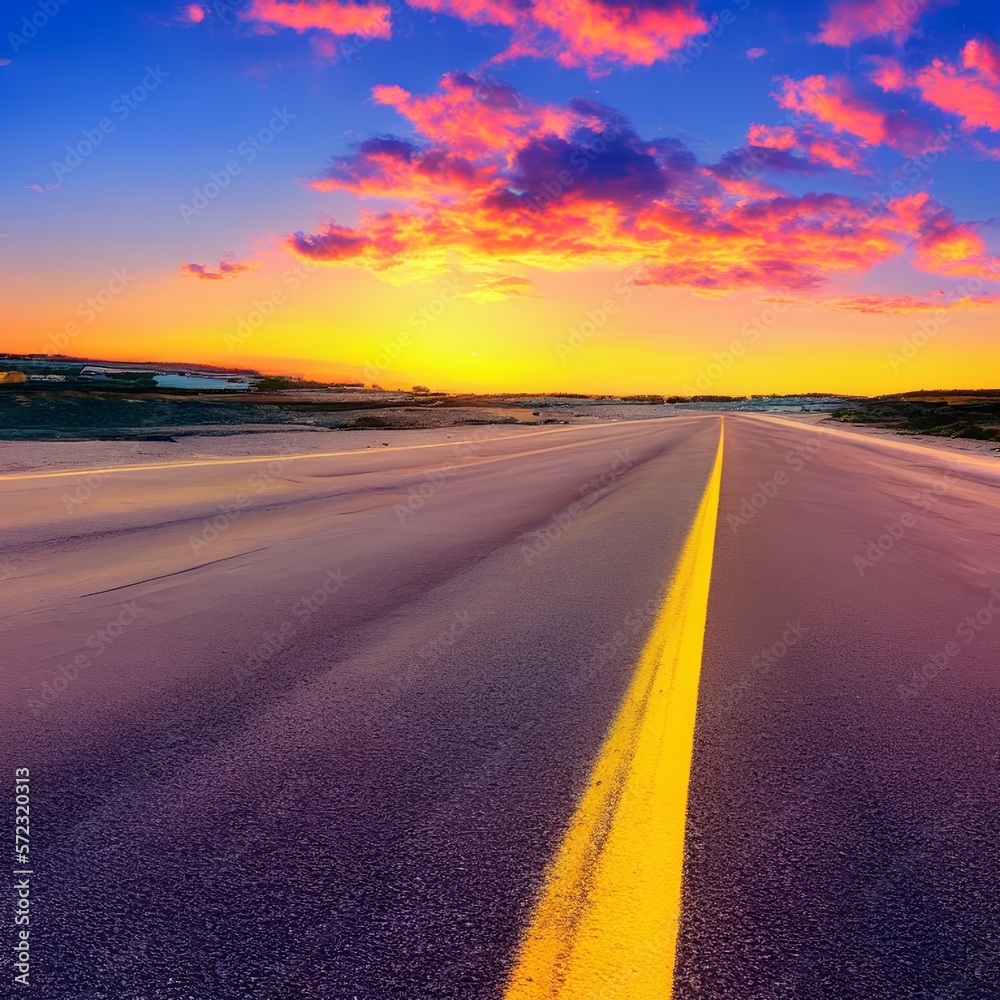 Summer landscape on the island. Highway landscape at colorful sunset. Road view on the beach in summer - generative ai