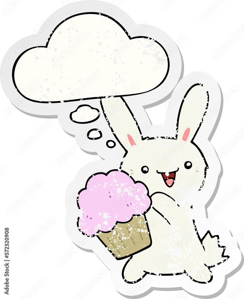 cute cartoon rabbit with muffin and thought bubble as a distressed worn sticker cute cartoon rabbit with muffin and thought bubble as a distressed worn sticker