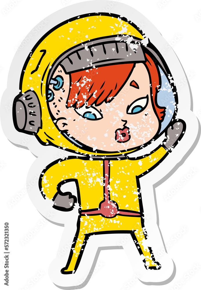 distressed sticker of a cartoon astronaut woman distressed sticker of a cartoon astronaut woman