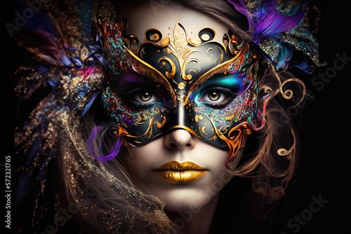 Beautiful Woman in Mardi Gras Mask and Makeup