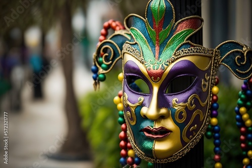 Outdoor Mardi Gras beads and mask on light post stock photo Mardi Gras, New Orleans, Parade, Mask - Disguise, Bead © Rarity Asset Club
