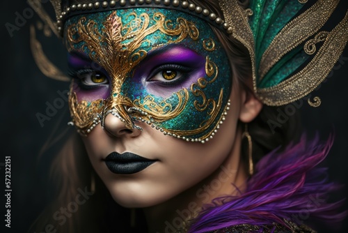 Beautiful Woman in Mardi Gras Mask and Makeup