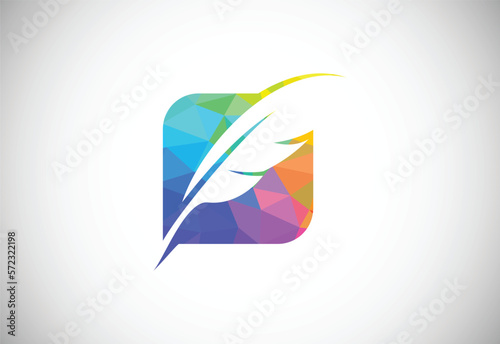 Low poly style feather logo design, law office vector logo template. Geometric triangle shapes