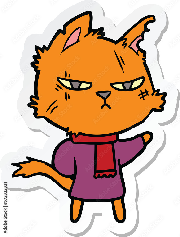 sticker of a tough cartoon cat in winter scarf sticker of a tough cartoon cat in winter scarf