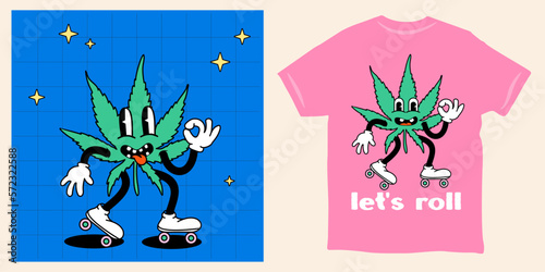 Cannabis leaf let is roll cartoon mascot 90s 80s retro shirt