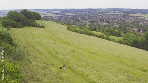 Drone shot of woman with pet black Labrador dog walking away from camera on Streatley Hill in West Berkshire UK through summer field with village in background photo