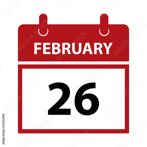 February 26. Vector flat daily calendar icon. Date and time, day, month for birthday, anniversary, appointment, remainder or event. Holiday.