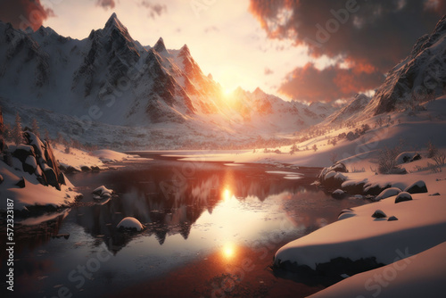Winter mountains and pond at sunset. AI generative. © Iaroslav
