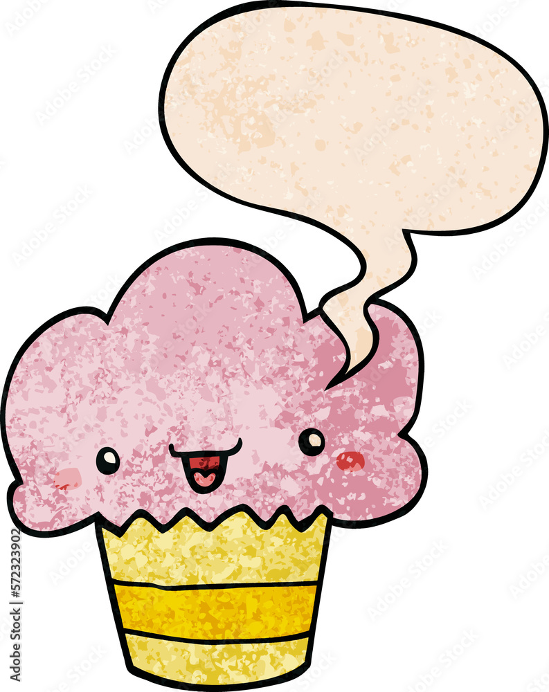 cartoon cupcake and face and speech bubble in retro texture style