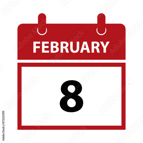 February 8. Vector flat daily calendar icon. Date and time, day, month for birthday, anniversary, appointment, remainder or event. Holiday.