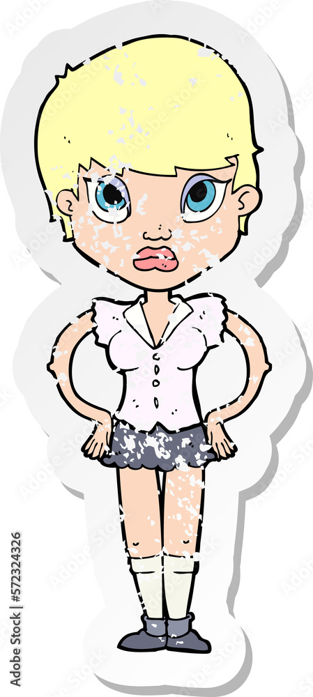 retro distressed sticker of a cartoon annoyed girl retro distressed sticker of a cartoon annoyed girl