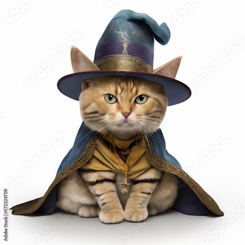 Illustration of a young kitten dressed as a wizard with a cone shaped hat and cloak in a transparent background. Generative AI