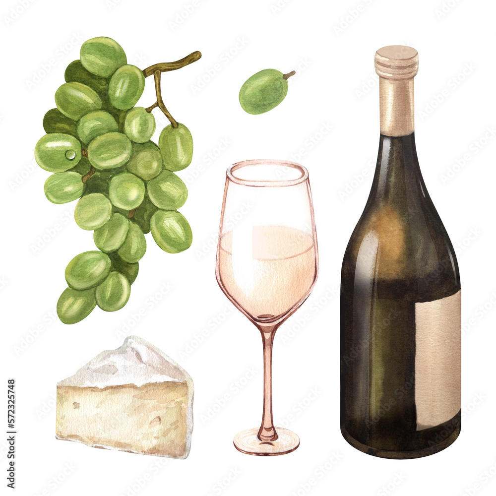 Watercolor illustration of the bottle, one glass wine and green grape. Picture of a alcoholic drink isolated on the white background. Concept for wine list, label, banner, menu, brochure template. Watercolor illustration of the bottle, one glass wine and green grape. Picture of a alcoholic drink isolated on the white background. Concept for wine list, label, banner, menu, brochure template.