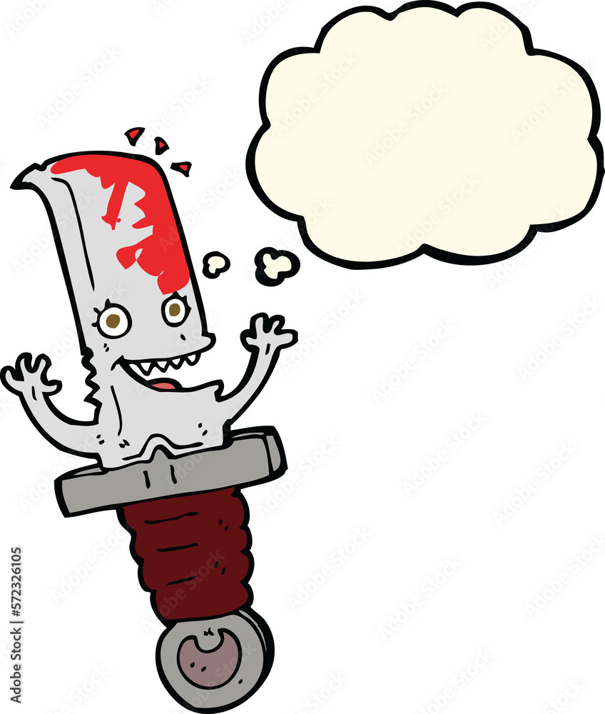 crazy cartoon knife character with thought bubble
