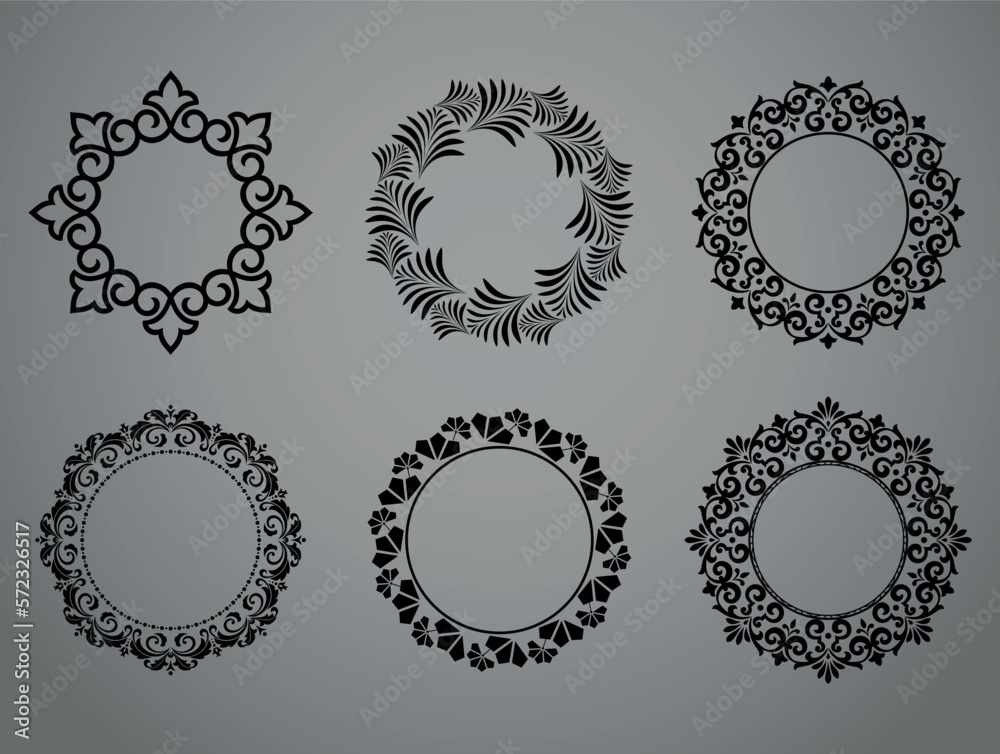 Set of decorative frames Elegant vector element for design in Eastern style, place for text. Floral black and gray borders. Lace illustration for invitations and greeting cards Set of decorative frames Elegant vector element for design in Eastern style, place for text. Floral black and gray borders. Lace illustration for invitations and greeting cards