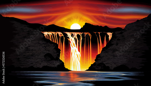 Sunset waterfall landscape illustration vector graphic 