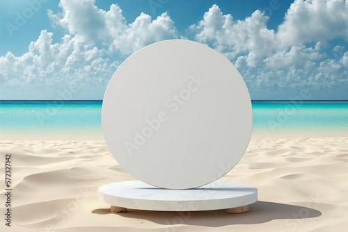 Product display podium on a tropical sand beach with ocean. Generative ai