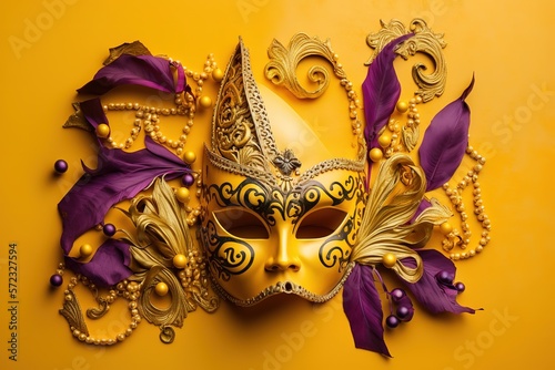 Colorful Mardi Gras or venetian mask on a yellow stock photo Mardi Gras, Backgrounds, Mask - Disguise, Carnival - Celebration Event, Bead