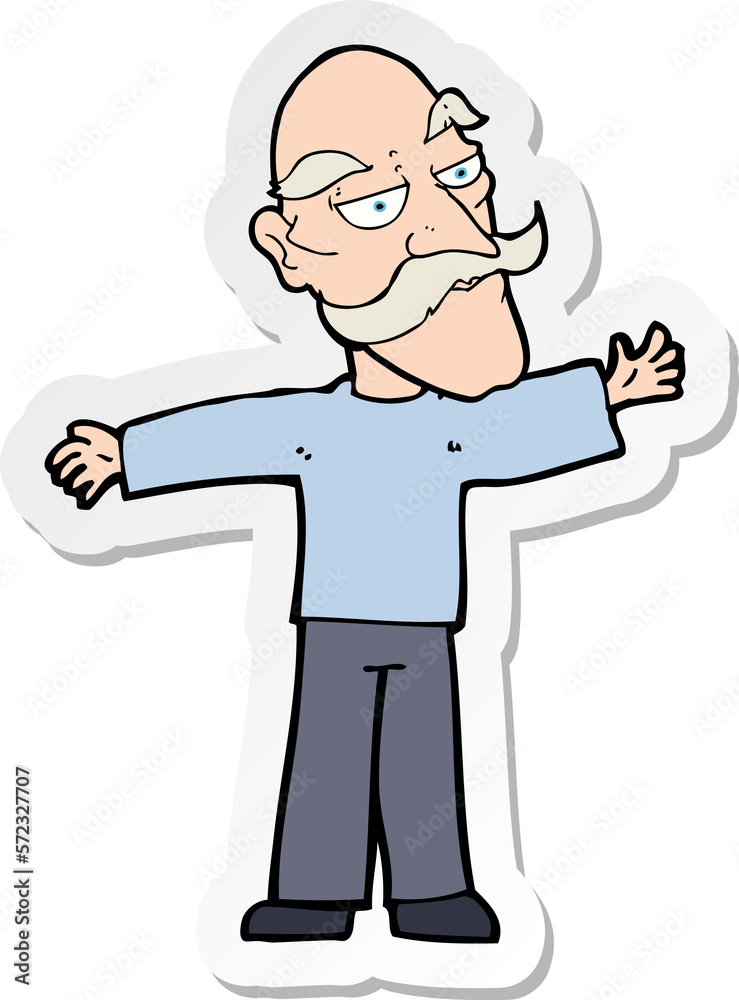 sticker of a cartoon old man spreading arms wide