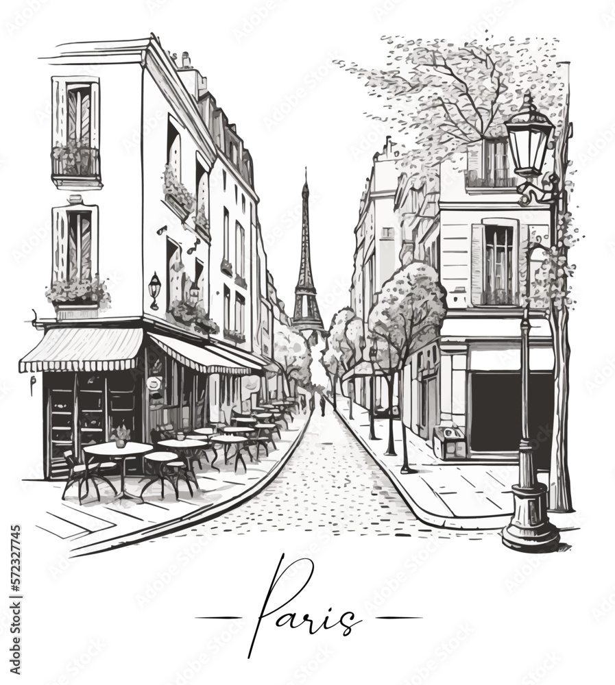 Paris town's street in sketch art style, outlined landscape