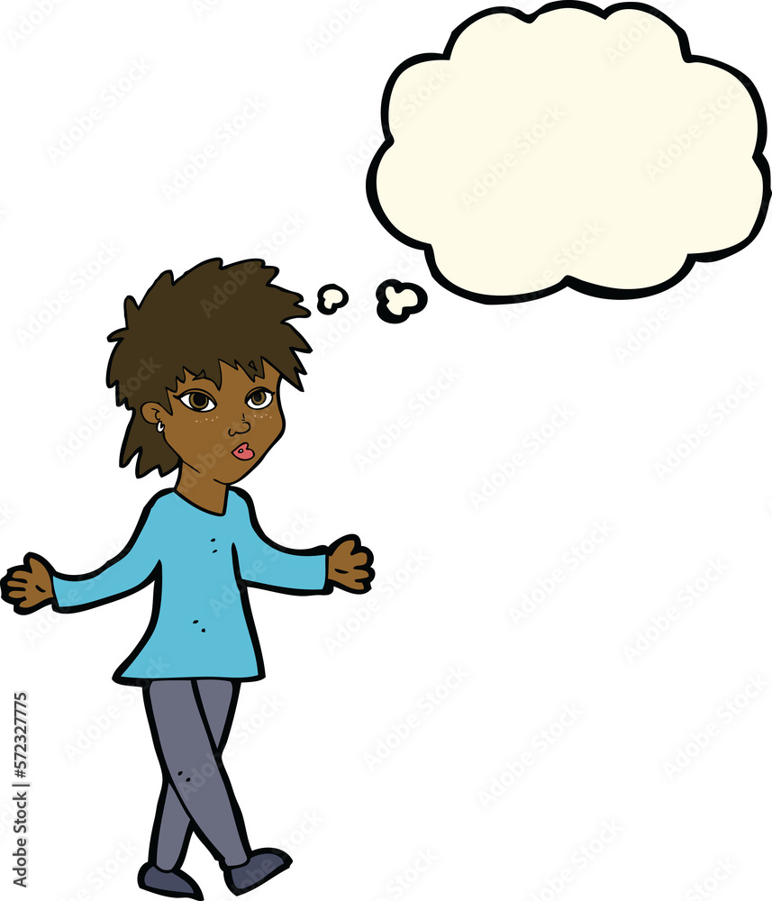 cartoon woman shrugging shoulders with thought bubble cartoon woman shrugging shoulders with thought bubble