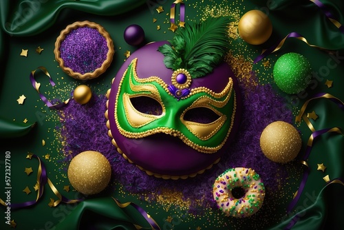 Mardi Gras King Cake sufganiyot donuts, masquerade festival carnival masks, gold beads and golden, green, purple confetti on purple background. Holiday party invitation, greeting card concept