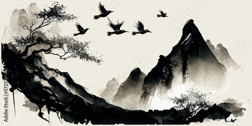 birds flying over the mountains in the forest by the lake