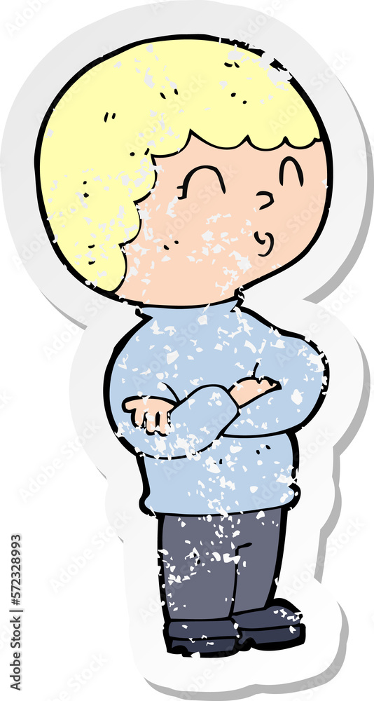 retro distressed sticker of a cartoon boy with folded arms retro distressed sticker of a cartoon boy with folded arms