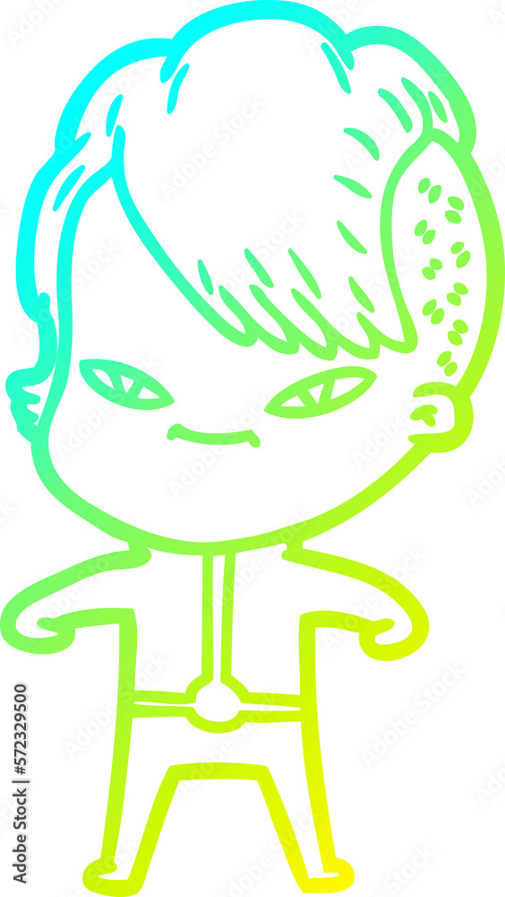 cold gradient line drawing cute cartoon girl with hipster haircut