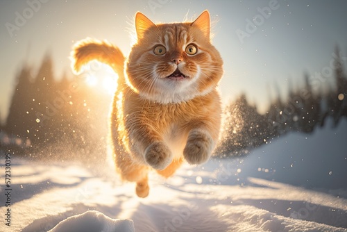 Cute fluffy cat jumping in the snow, Clear blue sky, Generative AI Digital Illustration