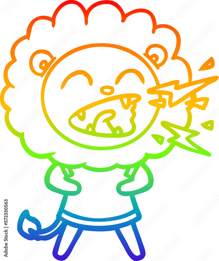 rainbow gradient line drawing cartoon roaring lion in dress