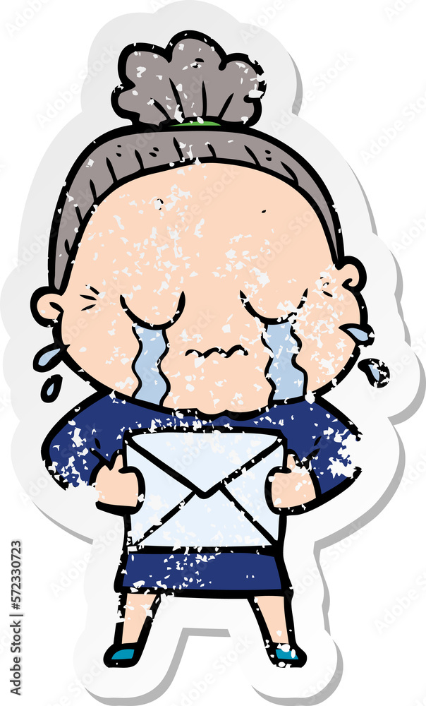 distressed sticker of a cartoon old woman crying with letter distressed sticker of a cartoon old woman crying with letter