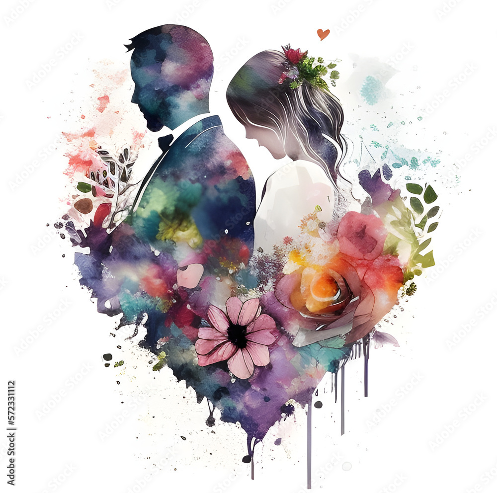 Watercolor Heart Shaped Flowers Around Wedding Couple In Middle Color Splash Floral Wedding 