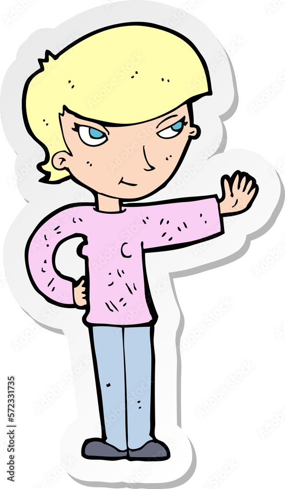 sticker of a cartoon woman waving