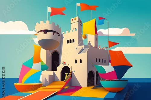 A whimsical castle with a drawbridge and colorful flags photo