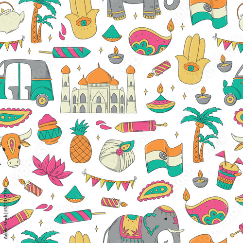 India seamless pattern with hand drawn doodles  cartoon elements. Good for wrapping paper  scrapbooking  textile prints  wallpaper  stationary  etc. EPS 10